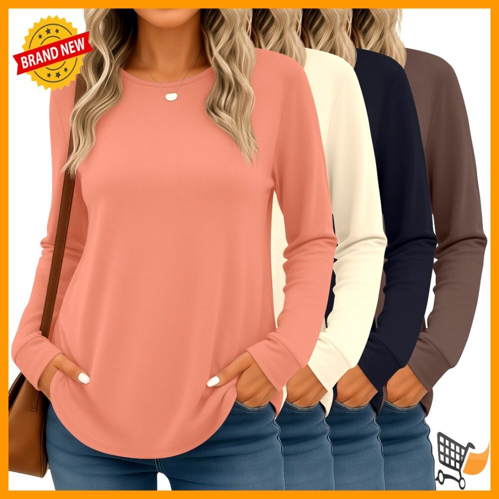 4 Pack Long Sleeve Tunic Tops Loose Fit Crew Neck Casual Layering Shirts
